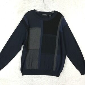Cotton Reel Mens Sweater Merino Wool Pullover Blue Navy Black Color Block Crew L